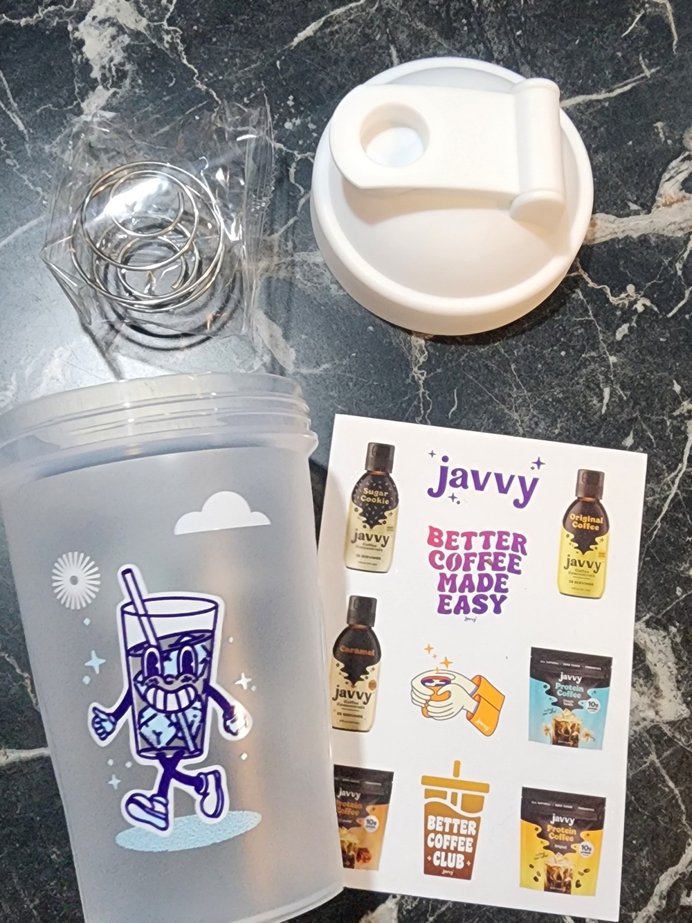 Clear Javy Coffee Shaker Bottle - Clear White Travel Mug W Sticker Sheet - Picture 3 of 3